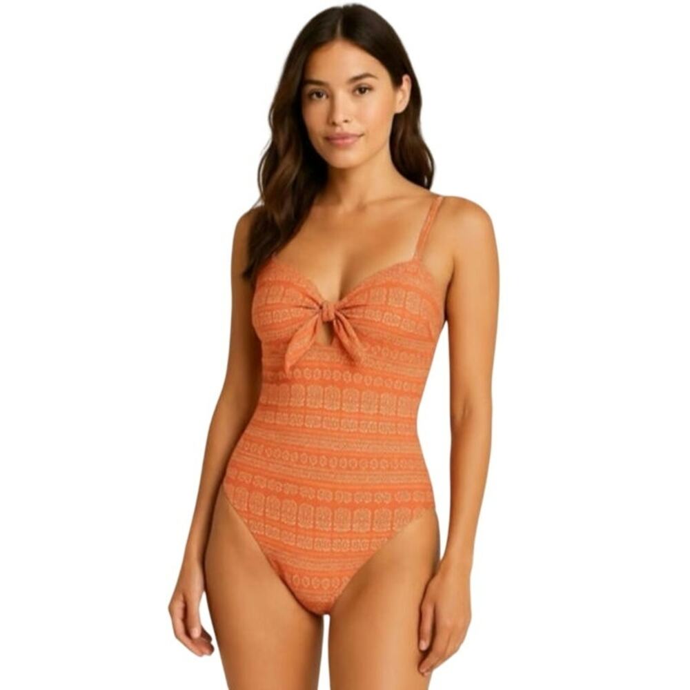 New Robin Piccone orange floral one piece swimsuit padded top knot tie front 6